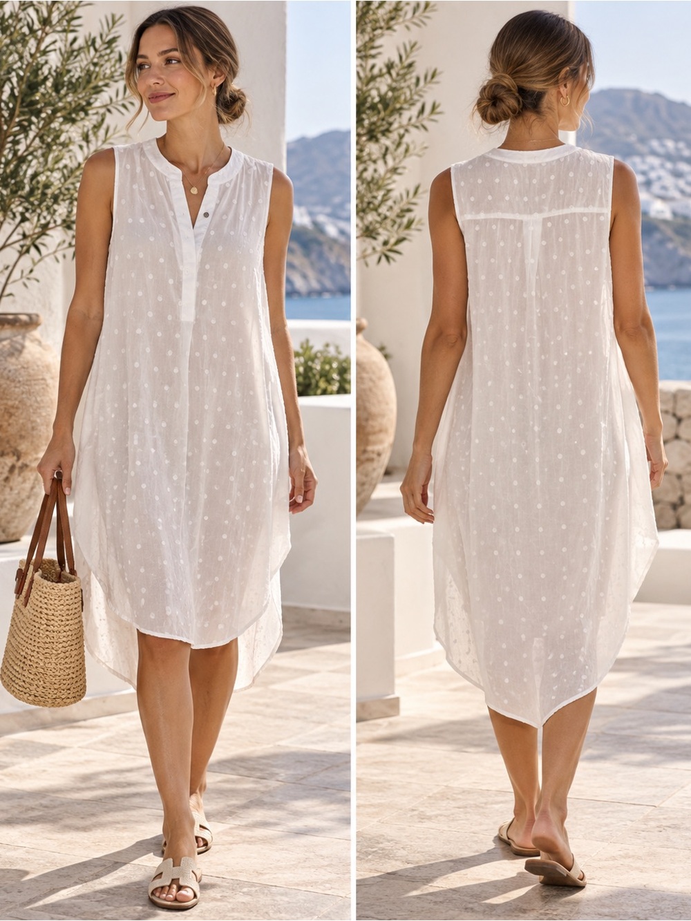 Cupio Blush White Swiss Dot Sleeveless High Low Tunic Dress Size L NWT